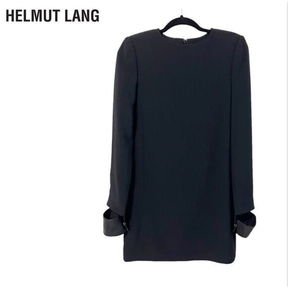 HELMUT LANG NWOT Shift Black MINI Dress Viscose XSmall Leather Cuff Crepe - Picture 2 of 11